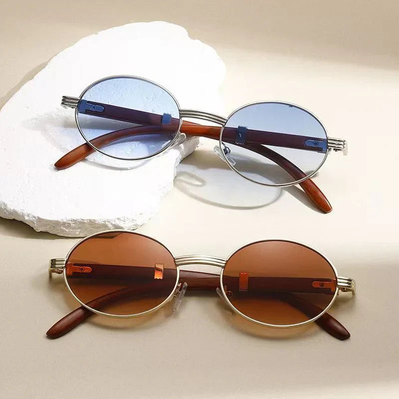 Metal Oval-Frame Sunglasses With A Wood-Grain Finish